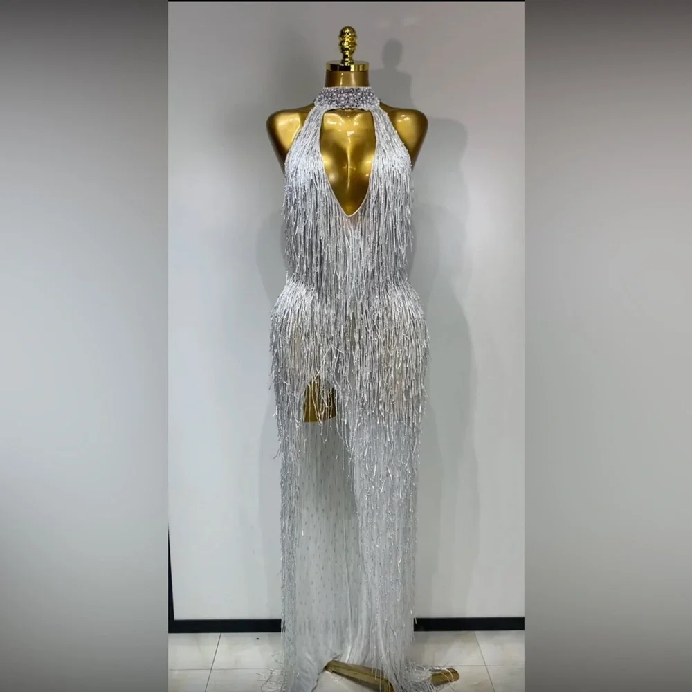 Glamorous Silver Fringe Halter Maxi Dress - Picture 1 of 3